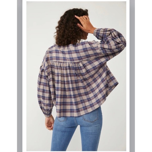 Free People Tops - We The Free Free People Jessi Plaid Henley Sm Babydoll Peasant Top Pink Blue 1.5